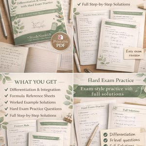 May include: A-Level Maths Calculus Revision Workbook covering Differentiation & Integration. Includes formula sheets, worked examples, and exam questions. The workbook is a printable PDF with full step-by-step solutions for A-Level Pure Maths.