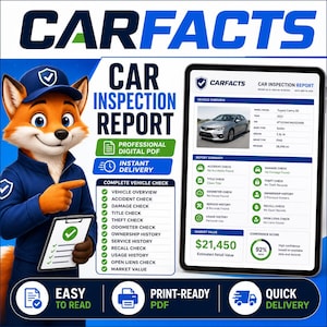 Op de afbeelding: Een digitale advertentie voor een auto-inspectierapport met een cartoonvos in een blauw uniform die naar een tablet wijst met een rapport van een 2021 Toyota Camry SE. De afbeelding bevat tekst zoals CARFACTS, CAR INSPECTION REPORT en vinkjes.