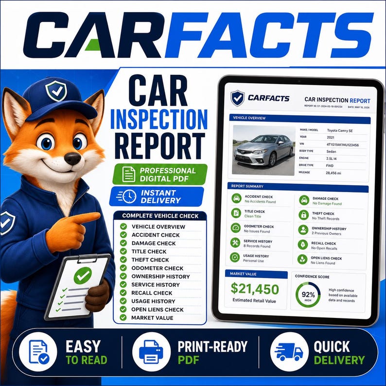 Op de afbeelding: Een digitale advertentie voor een auto-inspectierapport met een cartoonvos in een blauw uniform die naar een tablet wijst met een rapport van een 2021 Toyota Camry SE. De afbeelding bevat tekst zoals CARFACTS, CAR INSPECTION REPORT en vinkjes.