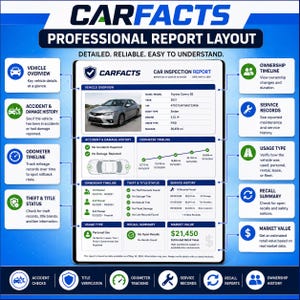 Op de afbeelding: Een professioneel CarFacts-rapportlay-outdocument met een zilveren Toyota Camry SE. Het rapport bevat secties voor voertuigoverzicht, ongeval- en schadehistorie, kilometertijdlijn, eigendomshistorie, diefstal- en titelstatus, onderhoudshistorie, gebruikstype, terugroepacties en marktwaarde.
