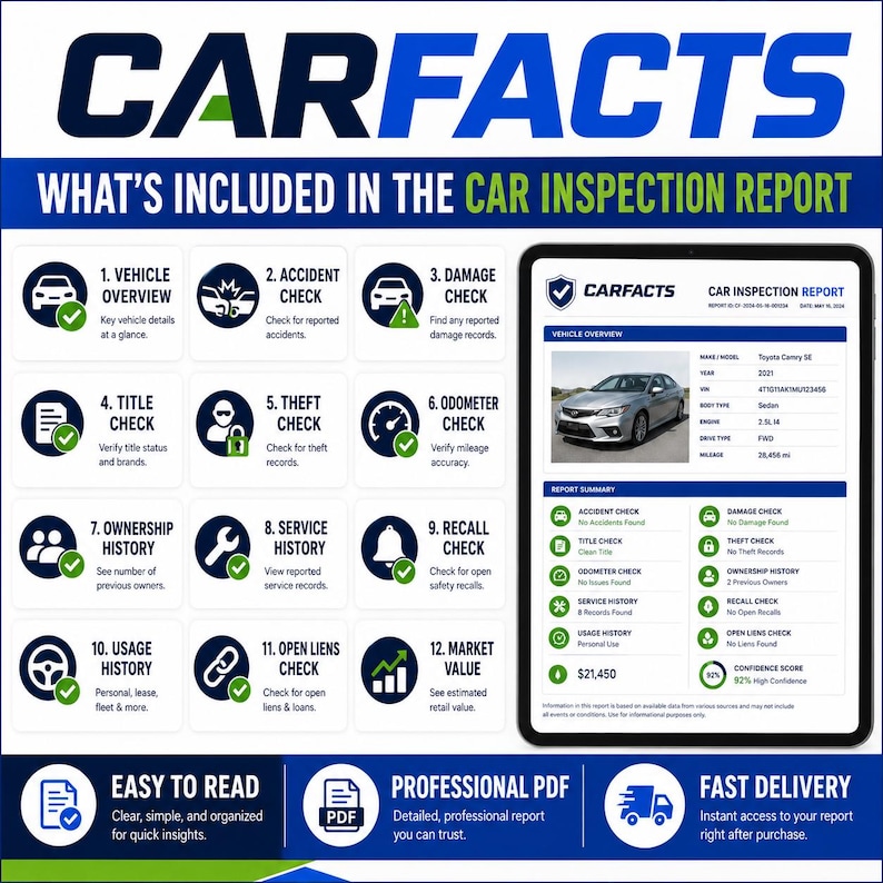Op de afbeelding: Een digitaal auto-inspectierapport getiteld CARFACTS, met een lijst van twaalf controlecategorie&euml;n, waaronder voertuigoverzicht, ongevallen, schade, titel, diefstal, kilometerteller, eigendomshistorie, onderhoud en marktwaarde.