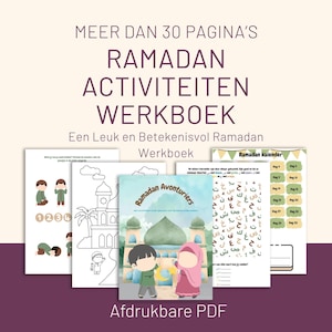 Puede incluir: Una colecci&oacute;n de cuadernos de actividades de Ramad&aacute;n imprimibles. La portada del cuaderno presenta el texto "Ramadan Avonturiers" e ilustraciones de ni&ntilde;os. Otras p&aacute;ginas incluyen p&aacute;ginas para colorear, un calendario y actividades. El texto "MEER DAN 30 PAGINA'S" es visible.