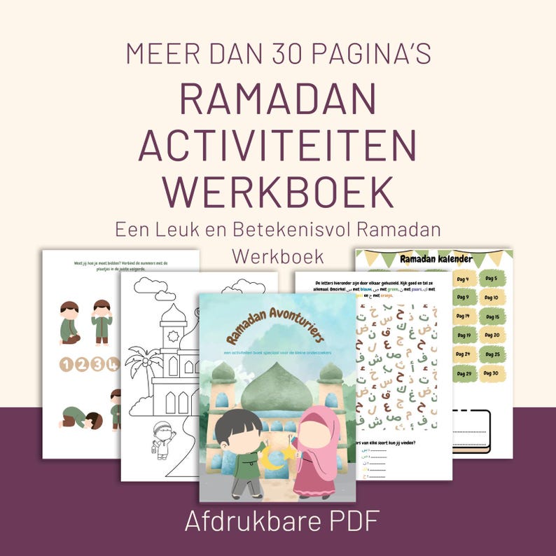 Puede incluir: Una colecci&oacute;n de cuadernos de actividades de Ramad&aacute;n imprimibles. La portada del cuaderno presenta el texto "Ramadan Avonturiers" e ilustraciones de ni&ntilde;os. Otras p&aacute;ginas incluyen p&aacute;ginas para colorear, un calendario y actividades. El texto "MEER DAN 30 PAGINA'S" es visible.