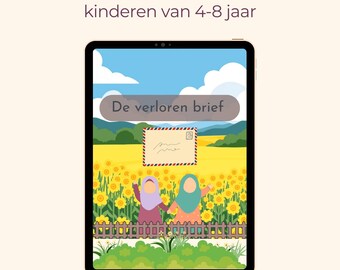 May include: A digital PDF displayed on a tablet. The image shows a children's book cover with the title "De verloren brief" (The Lost Letter). The illustration features two girls in hijabs in a sunflower field, with a letter in the sky.