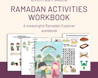 May include: A Ramadan Activities Workbook with the text "OVER 30 PAGES RAMADAN ACTIVITIES WORKBOOK". The cover features a mosque illustration and children. The workbook includes various activities and is labeled "Printable PDF".