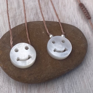 Mini- Mother of Pearl Smiley face / Cording Necklace / Waterproof and Adjustable / Emoji face