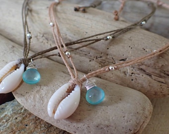 Ozean Thema Fußkettchen / Kauri Muschel / Chalcedon Anhänger mit Sterling Silber Kugeln