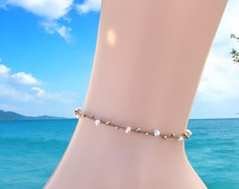 Süßwasserperle Fußkettchen: Hand-geflochtenes 14K Gold-gefülltes Perlen-Fußkettchen