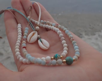 Sea Drop Fußkettchen / Howlith, Terra Aqua Jaspis / Langlebig und Verstellbar / Wasserdicht