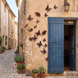 Può includere: Una collezione di numerose sculture da parete a forma di farfalla in metallo, di varie dimensioni e tonalità di marrone e rame, disposte in un motivo sparso su una parete in pietra beige strutturata accanto a una porta in legno blu.
