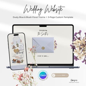 Könnte beinhalten: Ein Laptop und ein Smartphone zeigen eine Hochzeitswebsite-Vorlage. Das Design hat ein staubiges Blau- und Blush-Blumen-Thema. Der Laptop-Bildschirm zeigt eine Einladung mit dem Text "Introducing the Smith's".