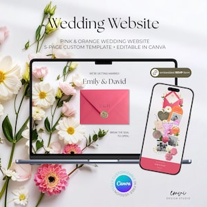 May include: A laptop and smartphone display a pink and orange wedding website template. The laptop screen shows a pink envelope with the names "Emily & David." The smartphone displays wedding details. The image includes the text "Wedding Website."