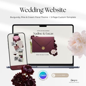 Könnte beinhalten: Ein Hochzeitswebsite-Design mit einem burgunderfarbenen, Kiefern- und cremefarbenen Blumendesign. Das Design wird auf einem Laptop und einem Smartphone angezeigt und zeigt eine benutzerdefinierte 5-Seiten-Vorlage. Die Website zeigt die Namen "Nadine & Lucas" und den Text "Break the seal to open."