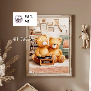 Teddy Bear Music Printable Wall Art – Cozy Nursery Decor – Vintage Record Player Print – Cute Animal Poster – Cottagecore Digital Download