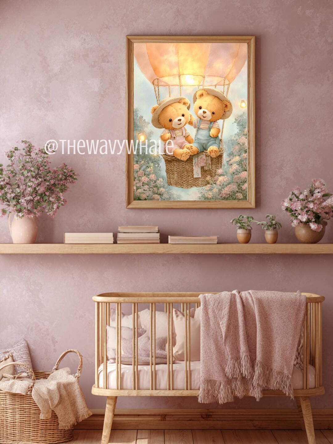 Teddy Bear Hot Air Balloon Print Whimsical Nursery Wall Art Cottagecore ...