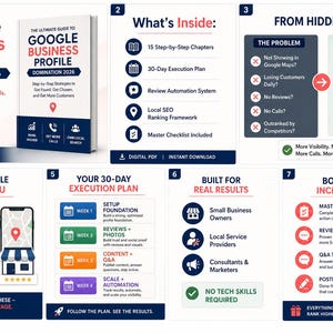 Peut inclure: Image d'un livre intitulé "Google Business Profile Domination 2026" avec une couverture blanche et des accents bleus. L'image comprend également un graphique avec le texte "What's Inside" et un plan d'exécution de 30 jours, ainsi qu'un graphique qui dit "From Hidden to #1".