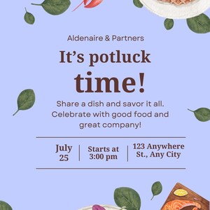 Op de afbeelding: Een uitnodiging in aquarel-stijl voor een potluck-evenement. De tekst "It's potluck time!" staat prominent in beeld. De uitnodiging bevat de datum, tijd en locatie, samen met illustraties van voedsel zoals salade, kreeft en zalm.