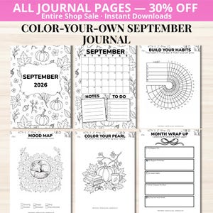 May include: A set of six printable journal pages for September 2026 featuring black and white line art. The pages include a cover, a monthly calendar, a habit tracker, a mood map with a fox, a coloring page with a pumpkin, and a month wrap up.