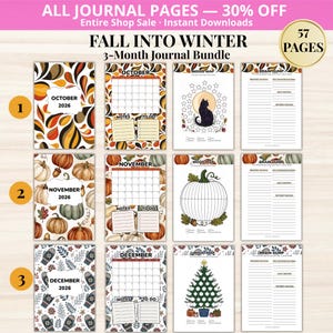 Op de afbeelding: Een 57-pagina tellend 3-maands journal-pakket voor oktober, november en december 2026. De pagina's bevatten seizoensgebonden illustraties zoals herfstbladeren, pompoenen, wanten, een zwarte kat en een kerstboom, naast kalenders, mood maps en notitiepagina's.