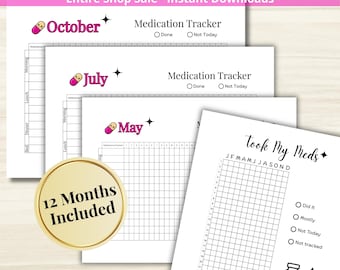 Medication Tracker BUNDLE - Bundle A - PRINTABLE Medication Log - 12 Month Planner Pages - Habit Tracker - Letter + A5 PDF