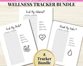 Wellness Tracker BUNDLE - PRINTABLE Daily Health Log - Medication Tracker - Vitamin Tracker - Self Care Habits - 8 Tracker Pages - Letter+A5