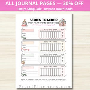 Puede incluir: Una página de diario imprimible en blanco para el seguimiento de series, con detalles en rosa y beige. La página incluye secciones para el título de la serie, el autor, el género y un sistema de calificación. El banner superior dice "TODAS LAS PÁGINAS DEL DIARIO - 30% DE DESCUENTO".