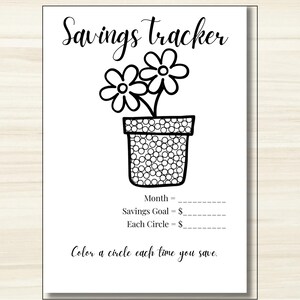 May include: A black and white savings tracker printable featuring the text Savings tracker at the top, a flower pot illustration filled with small circles, and lines for Month, Savings Goal, and Each Circle, with the text Color a circle each time you save.