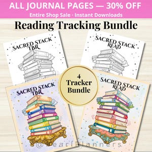 May include: A bundle of four reading tracking journal pages. The pages feature illustrations of stacked books with the text "Sacred Stack TBR" and "Sacred Stack Read". The bundle includes a variety of colorful and black and white designs.