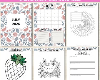 July Planner - PRINTABLE Monthly Journal - Habit Tracker - Summer Journal - Dated July 2026 - Full Color - Letter + A5 PDF