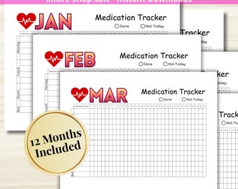 Medication Tracker - PRINTABLE Medication Log - Annual Pill Tracker - 12 Month Planner Pages - Letter + A5 PDF