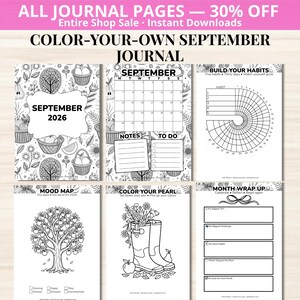 September 2026 AUTUMN HARVEST Journal – Printable Coloring Book & Planner – Black and White Fall Journal – Habit Mood Gratitude – A5 PDF