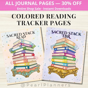 Puede incluir: Dos páginas de seguimiento de lectura coloridas con pilas de libros. Las páginas se titulan "Sacred Stack Read" y "Sacred Stack TBR". Las páginas tienen un fondo claro con estrellas y el texto "Colored Reading Tracker Pages."