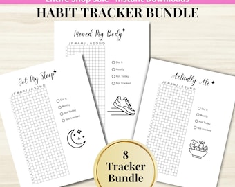 Habit Tracker BUNDLE - PRINTABLE Daily Wellness Log - Sleep Tracker - Fitness Tracker - Self Care Habits - 8 Tracker Pages - Letter + A5 PDF