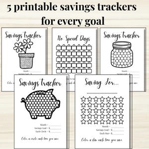 Könnte beinhalten: Fünf druckbare Spar-Tracker für jedes Ziel. Die schwarz-weißen Blätter zeigen Designs wie einen Blumentopf, ein Raster aus Einkaufstaschen für ausgabenfreie Tage, ein Glas, ein Sparschwein und ein Sternenraster mit Textfeldern für Sparziele.