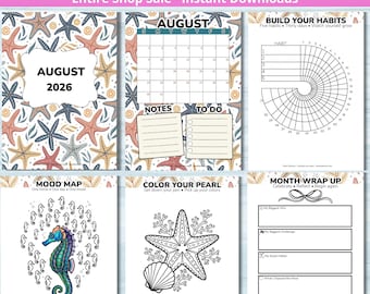 August Planner - PRINTABLE Summer Journal - Habit Tracker - Printable Calendar - Starfish - Dated August 2026 - Full Color - Letter + A5 PDF