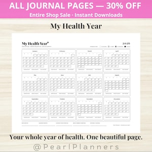 Könnte beinhalten: Eine schwarz-weiß druckbare Planerseite für das Jahr 2026 mit Monatskalendern. Der Text "My Health Year" steht oben. Die Seite enthält den Text "Your whole year of health. One beautiful page."