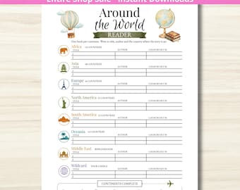 Book Tracker - PRINTABLE Around the World Reading Challenge - Reading Journal - Summer Reading Challenge - Letter + A5 PDF