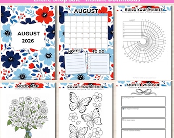 August Planner - PRINTABLE Summer Journal - Habit Tracker - Printable Calendar - Floral - Dated August 2026 - Full Color - Letter + A5 PDF