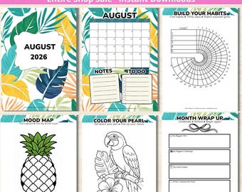 August Planner - PRINTABLE Summer Journal - Habit Tracker - Printable Calendar - Palms - Dated August 2026 - Full Color - Letter + A5 PDF