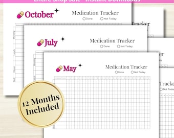 Medication Tracker - PRINTABLE Monthly Medication Log - Pill Organizer Printable - 12 Month Planner Pages - Letter + A5 PDF