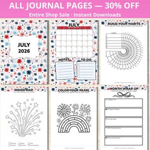 May include: A collection of printable journal pages with a patriotic theme. The pages include a July 2026 calendar, habit trackers, mood maps, coloring pages, and monthly wrap-up templates. The design features red, white, and blue fireworks.