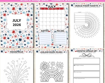 July Planner - PRINTABLE Monthly Journal - Habit Tracker - 4th of July - America's 250th Birthday - Dated July 2026 - Letter + A5 PDF