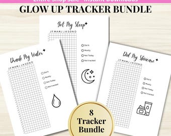 Glow Up Tracker BUNDLE - PRINTABLE Self Care Habit Log - Water Tracker - Sleep Tracker - Skincare Routine - 8 Tracker Pages - Letter + A5