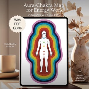 May include: A digital tablet displaying an Aura-Chakra Map for Energy Work with a white human silhouette surrounded by concentric colorful aura rings. The screen includes text: Aura-Chakra Map for Energy Work, With PDF Guide, and High Quality Artwork.
