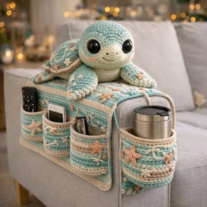 Crochet Turtle Armrest Organizer Pattern PDF, Amigurumi Couch Caddy, Sofa Storage Pockets (Digital Download)