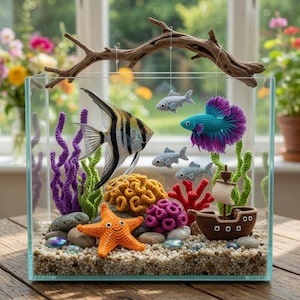 May include: A clear glass aquarium containing crocheted marine life, including a black and white angelfish, a teal and purple betta fish, three small grey fish, an orange starfish, and a brown ship, with colorful coral and pebbles.