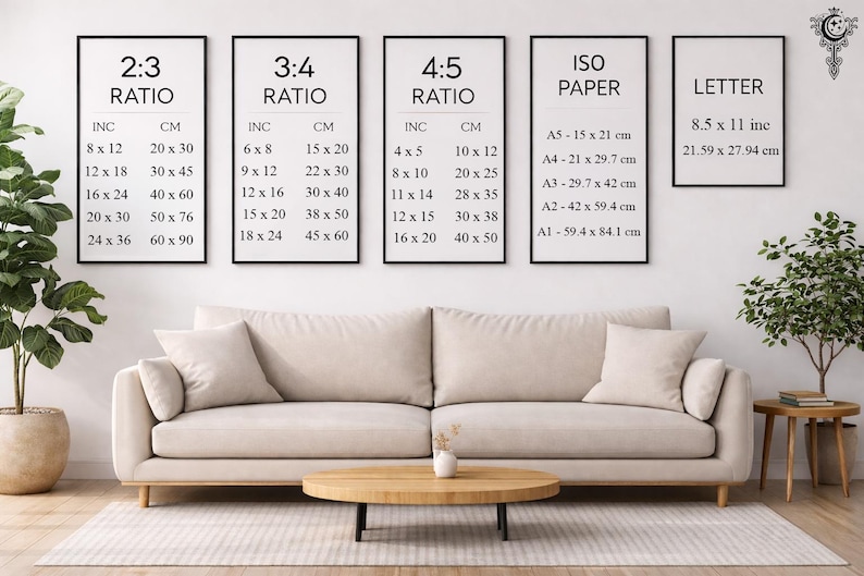 May include: A living room scene featuring a beige sofa, a wooden coffee table, and framed art prints displaying size ratios in inches and centimeters. The prints include 2:3, 3:4, 4:5 ratios, ISO paper sizes, and Letter size (8.5 x 11 inches).