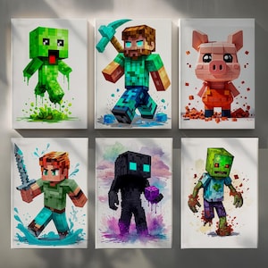 May include: Six framed canvas prints featuring Minecraft characters. The characters include a green Creeper, a Steve character with a pickaxe, a pig, a character with a sword, a black Enderman, and a zombie. Each character is depicted in a watercolor style.