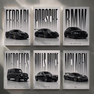 May include: Six framed prints showcasing black luxury cars: Ferrari 488 GTB, Porsche 911 GT3 RS, BMW M3 Competition, Mercedes AMG G 63, Rolls Royce Phantom, and McLaren P1. Each print has the car's name in large, bold text.