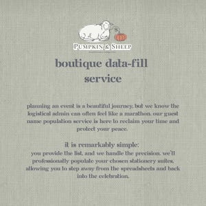 May include: A light grey background with the text "boutique data-fill service." The image includes a logo with a sheep and pumpkin. The text describes a guest name population service for events.